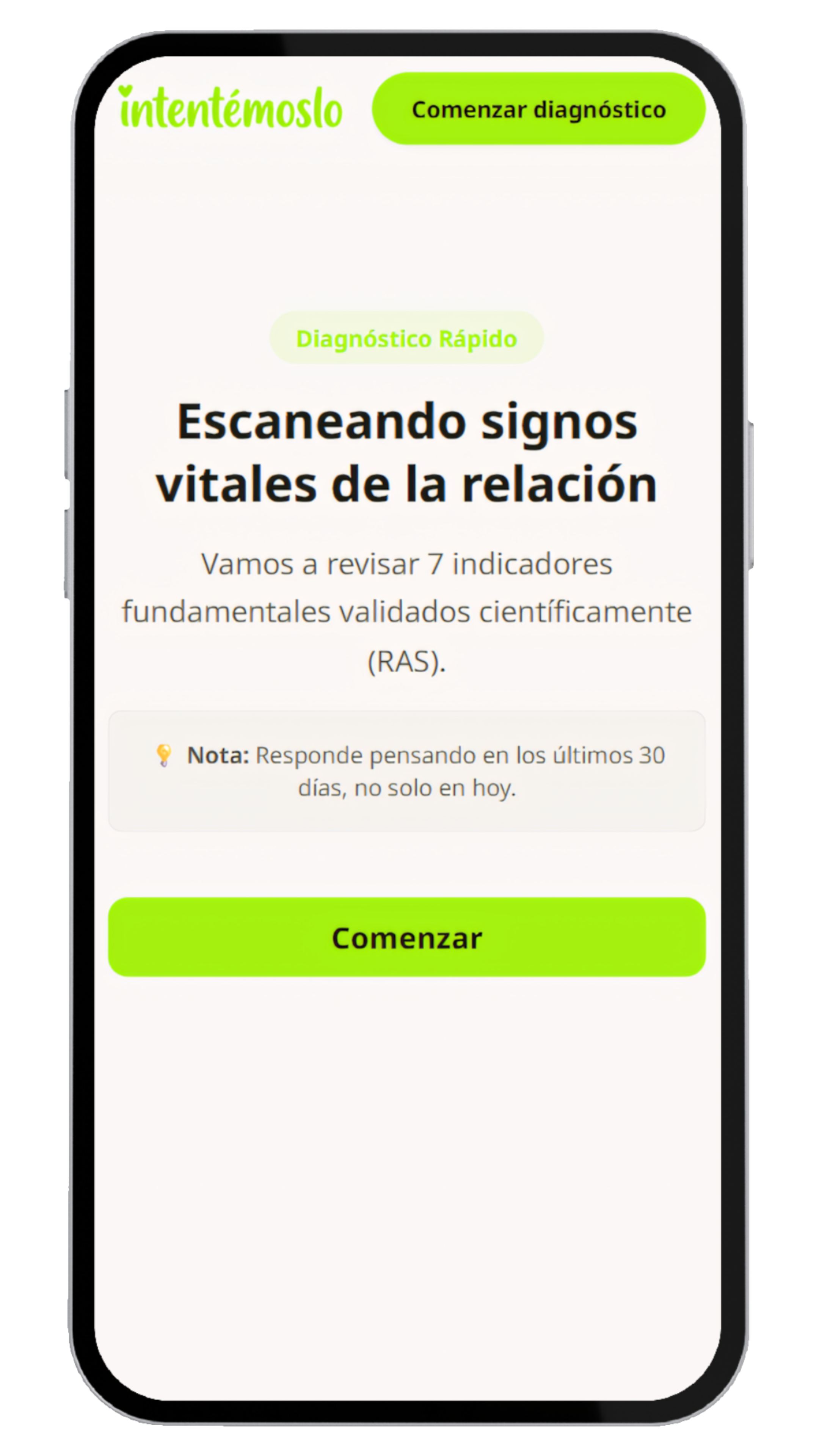Vista previa del diagnóstico en móvil mostrando preguntas claras y diseño amigable